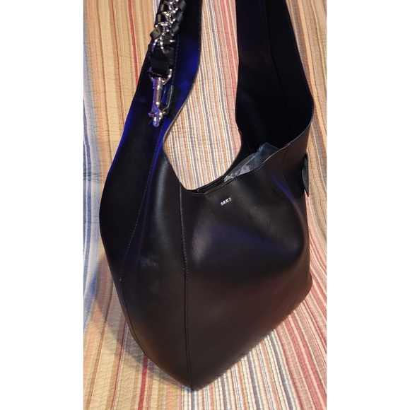 NWT DKNY Black Leather Hobo Shoulder Handbag Black w/ Silver Chain Accent - Picture 3 of 16